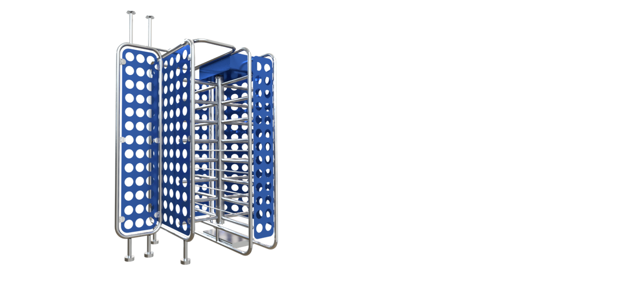 Torniquete de acceso con lector de tarjetas: Permite la entrada a usuarios autorizados mediante validación electrónica, ideal para instalaciones con control de acceso moderno