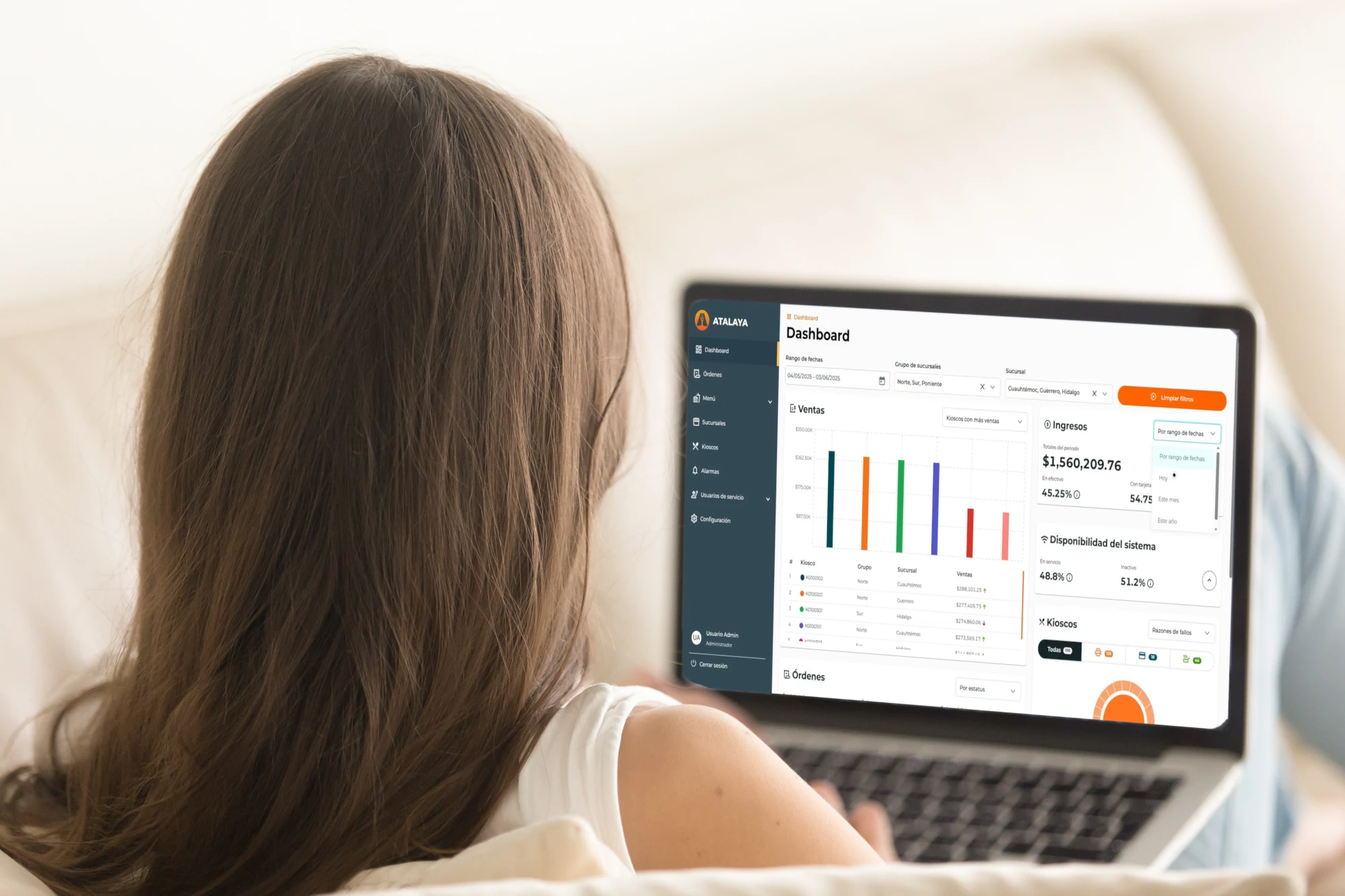 Plataforma Atalaya, sistema central para la administración de kioscos de autoservicio, con monitoreo en tiempo real, control de transacciones y gestión de recaudos.