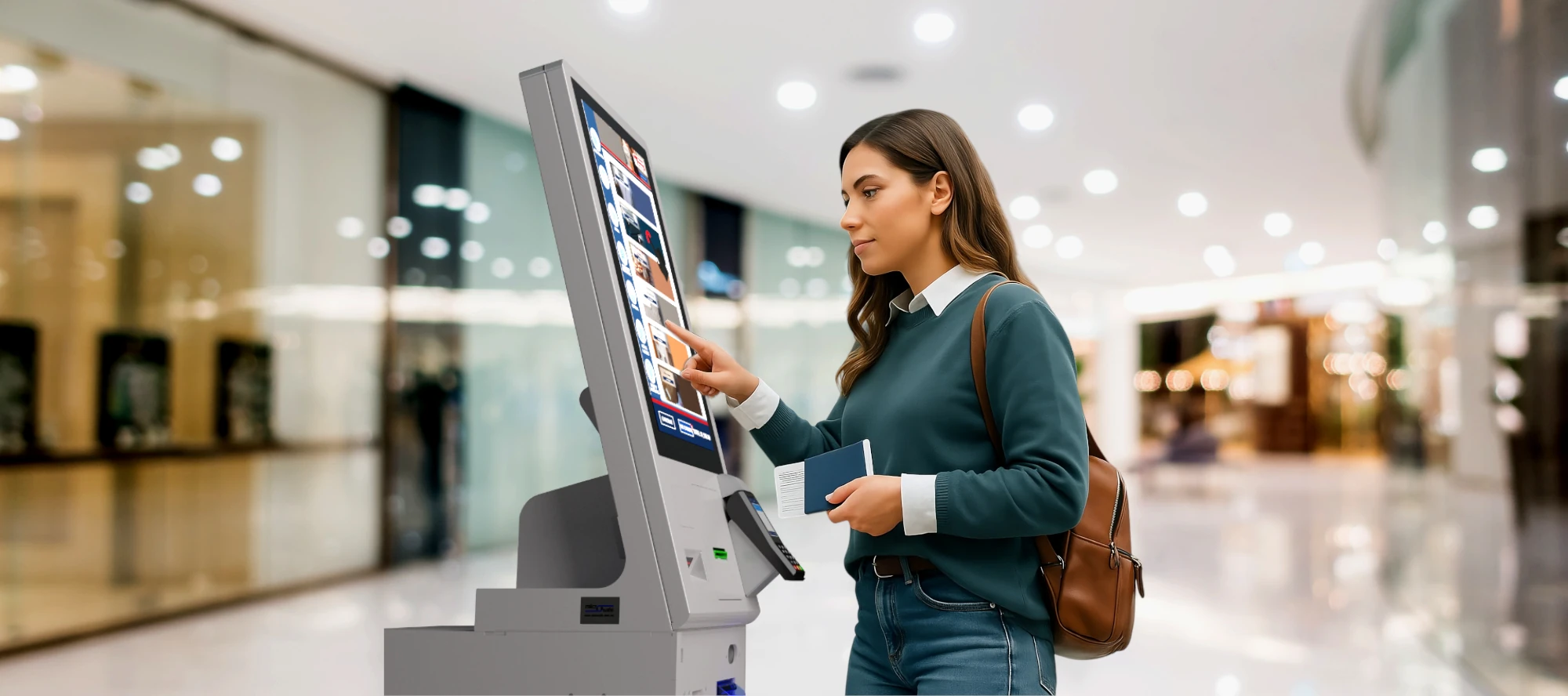 Terminal de autoservicio vertical con lector de códigos QR y NFC, diseñada para una interacción digital robusta y segura