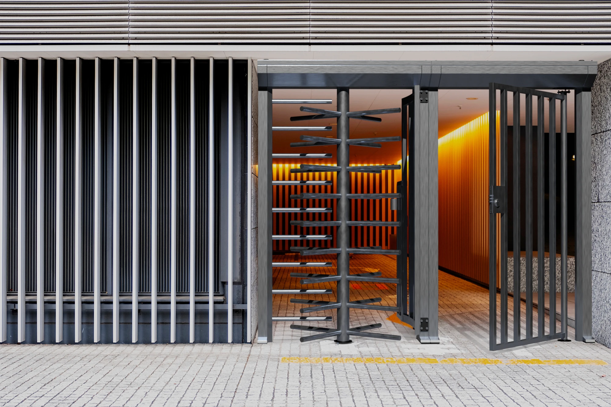 Control de acceso de alta seguridad con torniquete vertical de altura completa y puerta de cortesía para el paso accesible de usuarios.