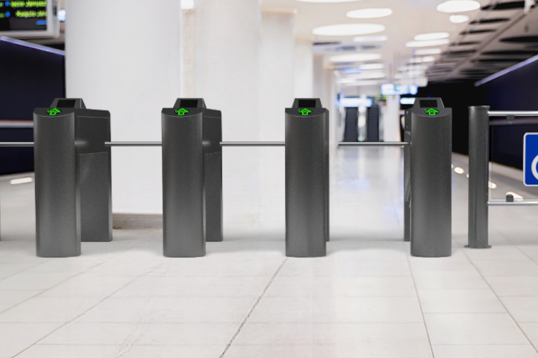 Torniquete de media altura con tres brazos, ideal para el control de acceso peatonal masivo en transporte público y privado